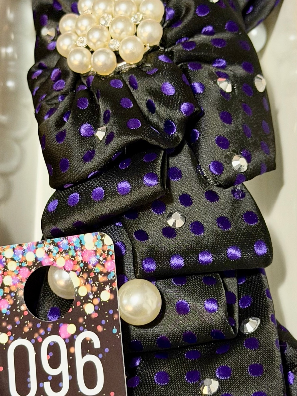 Black Satin Polka Dot Brooch Tie Necklace with Pearl Accents - Picture 3 of 4